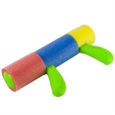 Skum vattenpistol, 30 cm, flerfärgad (röd, blå, gul) med grönt handtag för enkelt grepp.